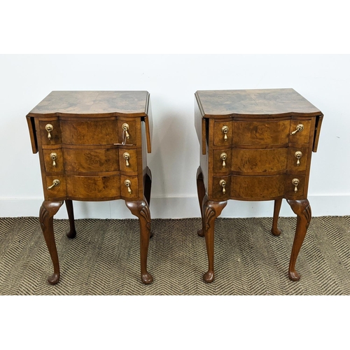 154 - BEDSIDE CHESTS, a pair, Georgian style burr walnut, each with drop flap top above three drawers, 69c... 