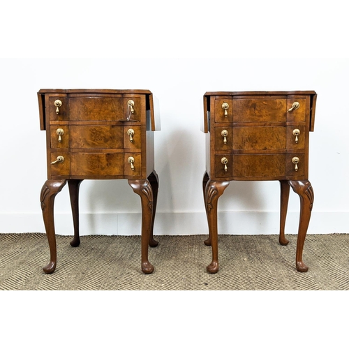 154 - BEDSIDE CHESTS, a pair, Georgian style burr walnut, each with drop flap top above three drawers, 69c... 