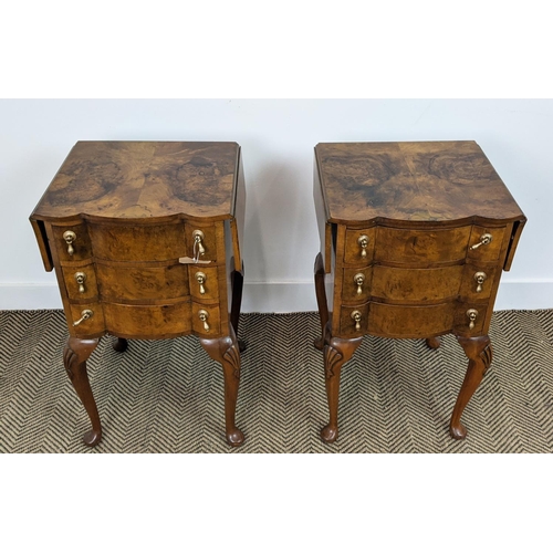 154 - BEDSIDE CHESTS, a pair, Georgian style burr walnut, each with drop flap top above three drawers, 69c... 