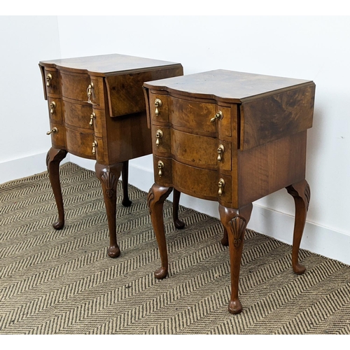 154 - BEDSIDE CHESTS, a pair, Georgian style burr walnut, each with drop flap top above three drawers, 69c... 