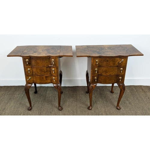 154 - BEDSIDE CHESTS, a pair, Georgian style burr walnut, each with drop flap top above three drawers, 69c... 