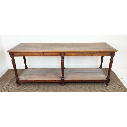 181 - REFECTORY TABLE, late 19th century French oak with pot board, 79cm H x 199cm x 64cm.