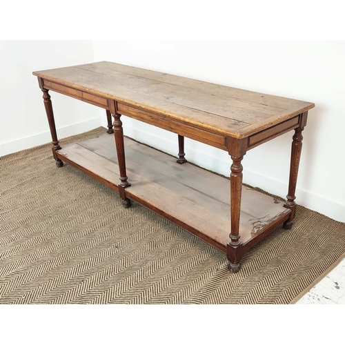 181 - REFECTORY TABLE, late 19th century French oak with pot board, 79cm H x 199cm x 64cm.