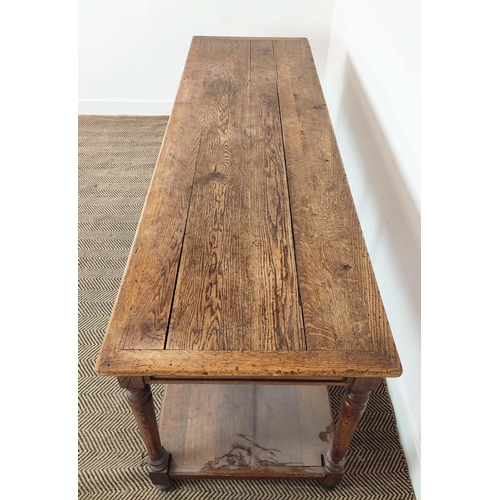 181 - REFECTORY TABLE, late 19th century French oak with pot board, 79cm H x 199cm x 64cm.