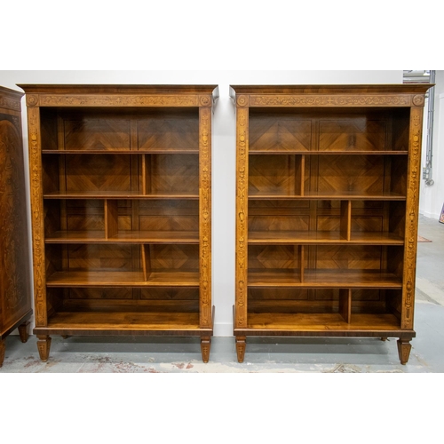 217 - OPEN BOOKCASES, a pair, Italian walnut and marquetry with removable shelves and dividers, 212cm H x ... 