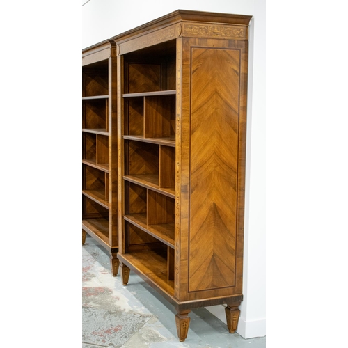 217 - OPEN BOOKCASES, a pair, Italian walnut and marquetry with removable shelves and dividers, 212cm H x ... 