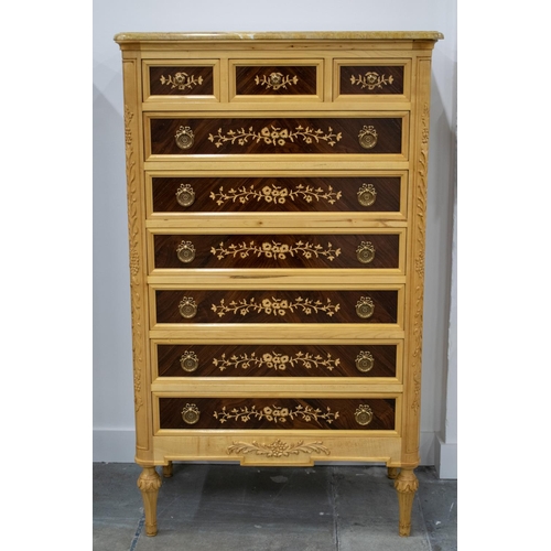 219 - TALL COMMODE, Louis XVI style maple, rosewood and marquetry with Sienna marble top above nine drawer... 