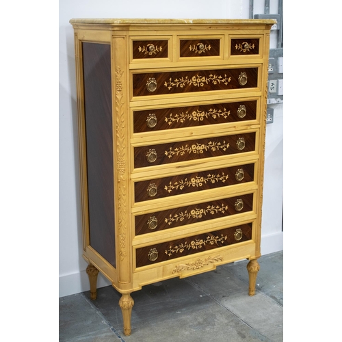 219 - TALL COMMODE, Louis XVI style maple, rosewood and marquetry with Sienna marble top above nine drawer... 