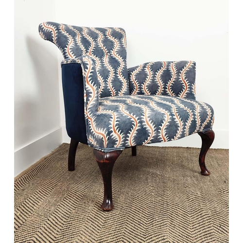 257 - ARMCHAIR, Edwardian upholstered in patterned fabric and navy blue velvet, 74cm H x 62cm.