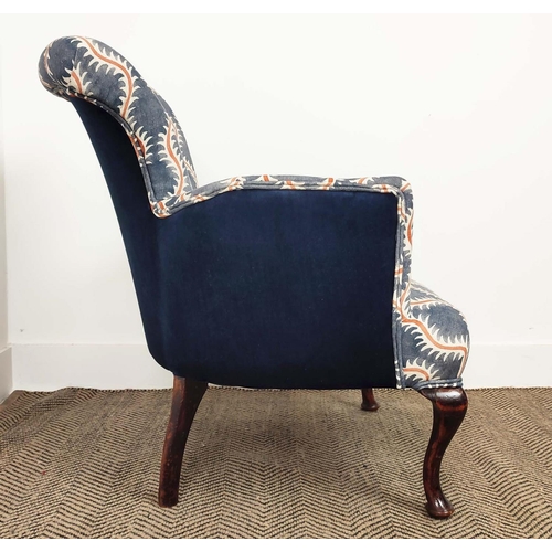 257 - ARMCHAIR, Edwardian upholstered in patterned fabric and navy blue velvet, 74cm H x 62cm.