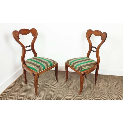 262 - SIDE CHAIRS, a pair, Biedermeier cherrywood and thuya with worn green and brown striped drop in seat... 