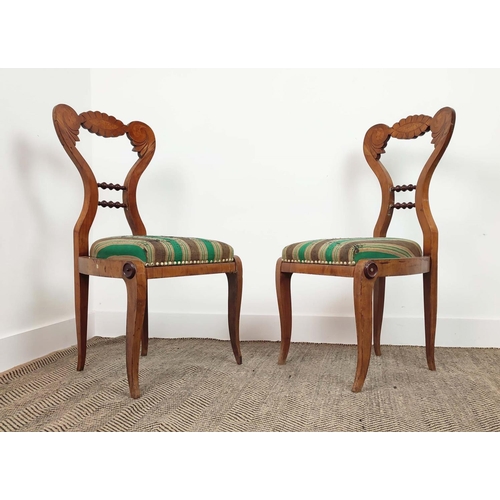 262 - SIDE CHAIRS, a pair, Biedermeier cherrywood and thuya with worn green and brown striped drop in seat... 