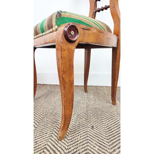 262 - SIDE CHAIRS, a pair, Biedermeier cherrywood and thuya with worn green and brown striped drop in seat... 