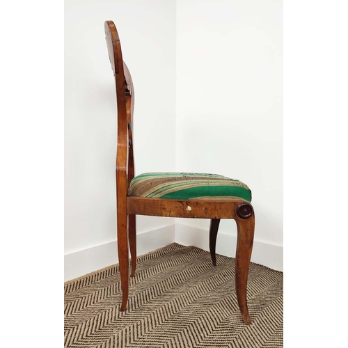 262 - SIDE CHAIRS, a pair, Biedermeier cherrywood and thuya with worn green and brown striped drop in seat... 