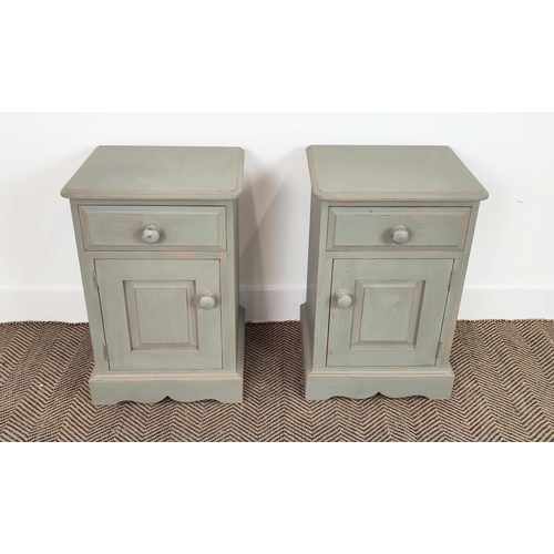 274 - BEDSIDE CABINETS, a pair, grey painted, each with drawer and door, 60cm H x 40cm x 36cm. (2)