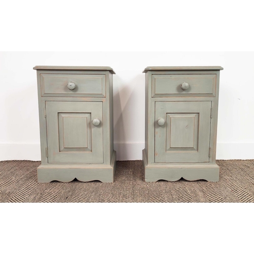 274 - BEDSIDE CABINETS, a pair, grey painted, each with drawer and door, 60cm H x 40cm x 36cm. (2)