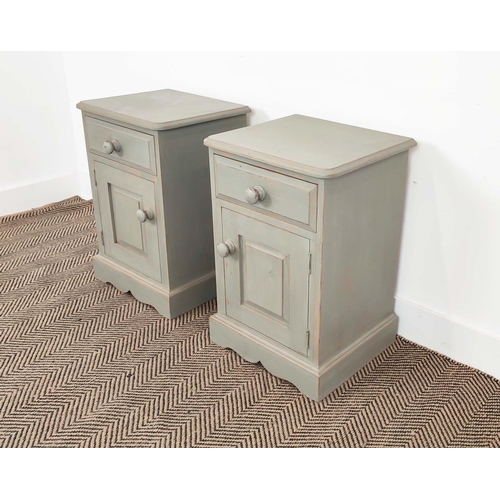 274 - BEDSIDE CABINETS, a pair, grey painted, each with drawer and door, 60cm H x 40cm x 36cm. (2)