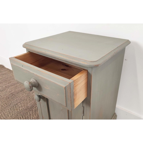 274 - BEDSIDE CABINETS, a pair, grey painted, each with drawer and door, 60cm H x 40cm x 36cm. (2)