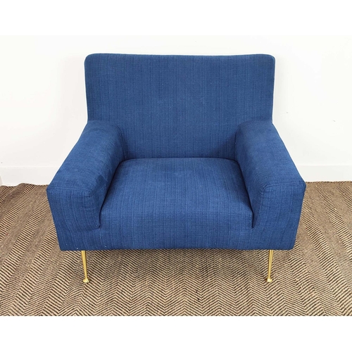 276 - ARMCHAIR, blue chenille with brass legs, 85cm H x 97cm x 80cm.