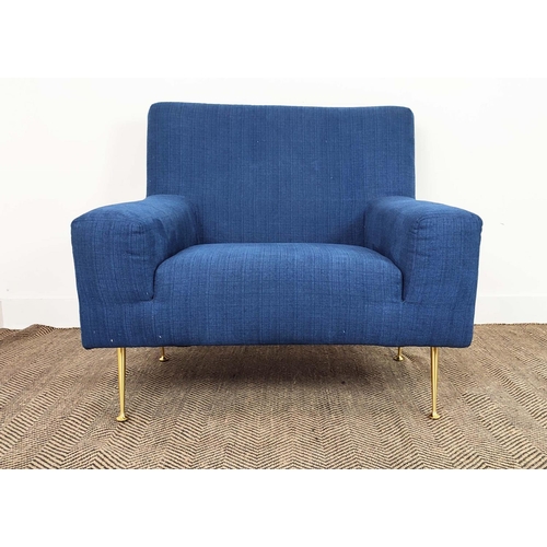 276 - ARMCHAIR, blue chenille with brass legs, 85cm H x 97cm x 80cm.