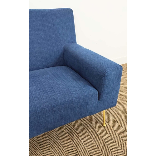 276 - ARMCHAIR, blue chenille with brass legs, 85cm H x 97cm x 80cm.