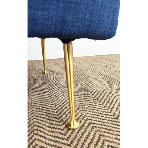 276 - ARMCHAIR, blue chenille with brass legs, 85cm H x 97cm x 80cm.