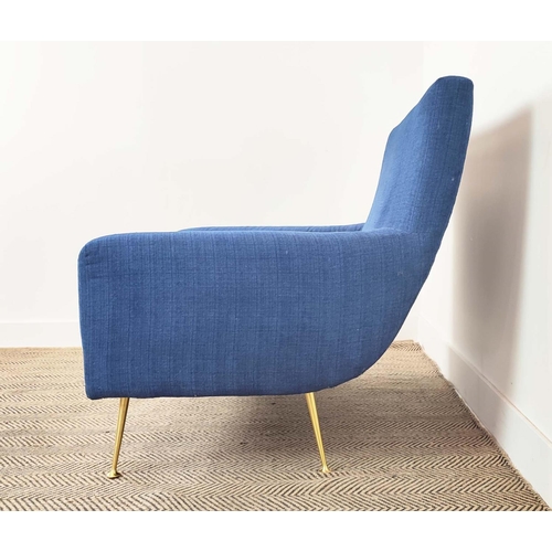 276 - ARMCHAIR, blue chenille with brass legs, 85cm H x 97cm x 80cm.