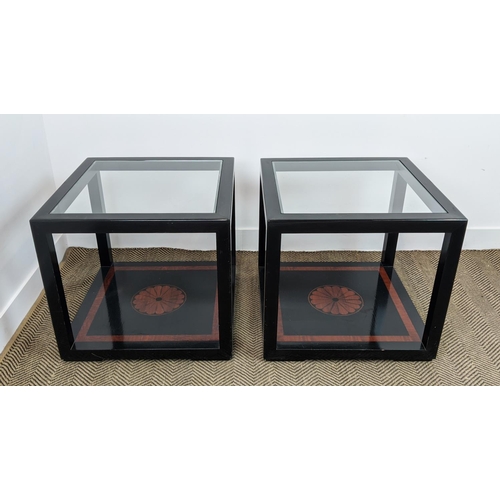 284 - LAMP TABLES, a pair, black lacquer and inlaid with inset square glass tops, 55cm H x 60cm W. (2)