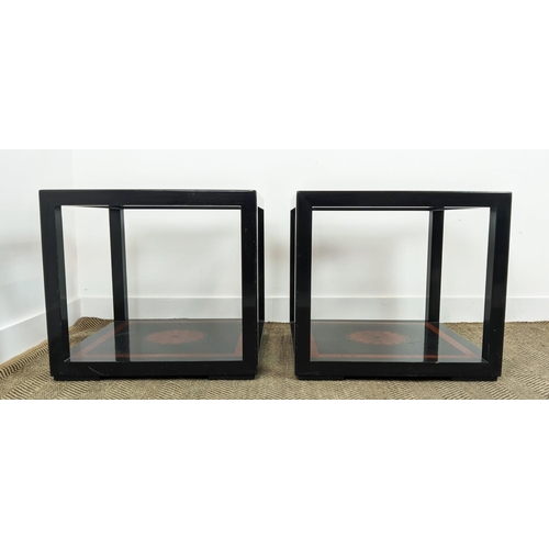 284 - LAMP TABLES, a pair, black lacquer and inlaid with inset square glass tops, 55cm H x 60cm W. (2)