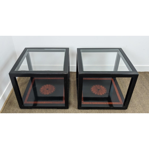 284 - LAMP TABLES, a pair, black lacquer and inlaid with inset square glass tops, 55cm H x 60cm W. (2)