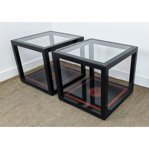 284 - LAMP TABLES, a pair, black lacquer and inlaid with inset square glass tops, 55cm H x 60cm W. (2)