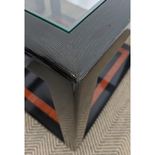 284 - LAMP TABLES, a pair, black lacquer and inlaid with inset square glass tops, 55cm H x 60cm W. (2)