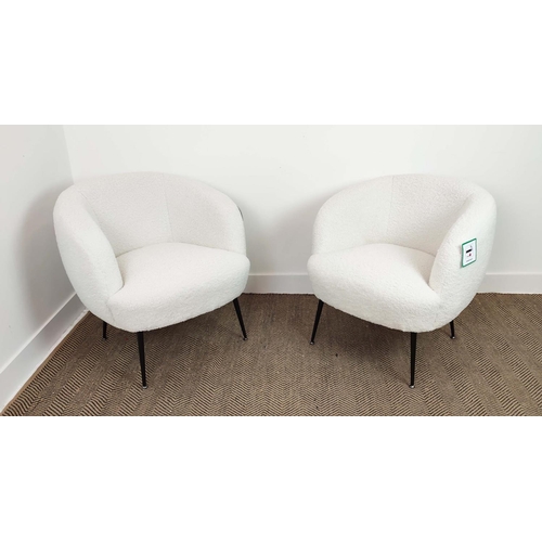 285 - TUB CHAIRS, a pair in boucle wool on black metal legs, 74cm H x 74cm W x 70cm D. (2)