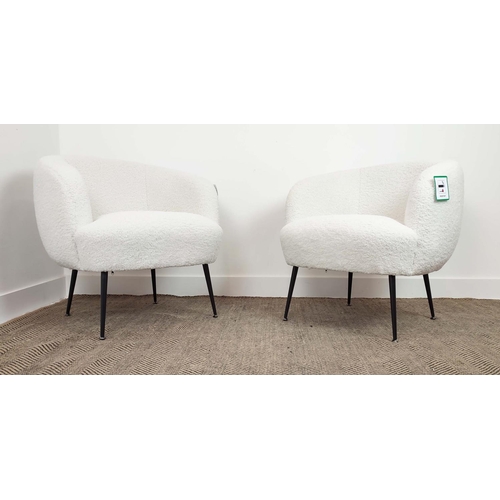 285 - TUB CHAIRS, a pair in boucle wool on black metal legs, 74cm H x 74cm W x 70cm D. (2)