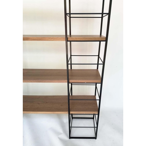 287 - SHELVING RACK BY 'HEALS', comprising two metal towers with five walnut shelves, 150cm W x 32cm D x 2... 