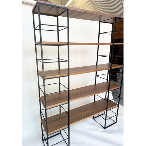 287 - SHELVING RACK BY 'HEALS', comprising two metal towers with five walnut shelves, 150cm W x 32cm D x 2... 