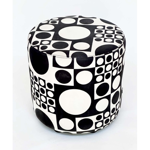 291 - STOOL BY JOHANSON DESIGN, circular drum form with black/white 60s, style fabric upholstery, 44cm H x... 