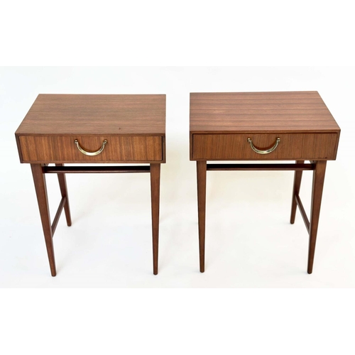 292 - MEREDEW LAMP TABLES, a pair, 1970s Afromosia and teak, each with frieze drawer and stretchered suppo... 