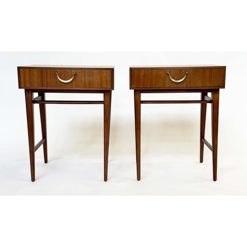 292 - MEREDEW LAMP TABLES, a pair, 1970s Afromosia and teak, each with frieze drawer and stretchered suppo... 