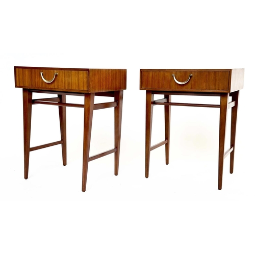 292 - MEREDEW LAMP TABLES, a pair, 1970s Afromosia and teak, each with frieze drawer and stretchered suppo... 