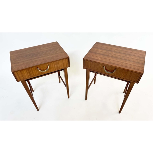 292 - MEREDEW LAMP TABLES, a pair, 1970s Afromosia and teak, each with frieze drawer and stretchered suppo... 