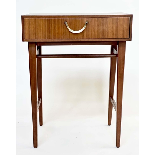 292 - MEREDEW LAMP TABLES, a pair, 1970s Afromosia and teak, each with frieze drawer and stretchered suppo... 