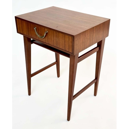 292 - MEREDEW LAMP TABLES, a pair, 1970s Afromosia and teak, each with frieze drawer and stretchered suppo... 