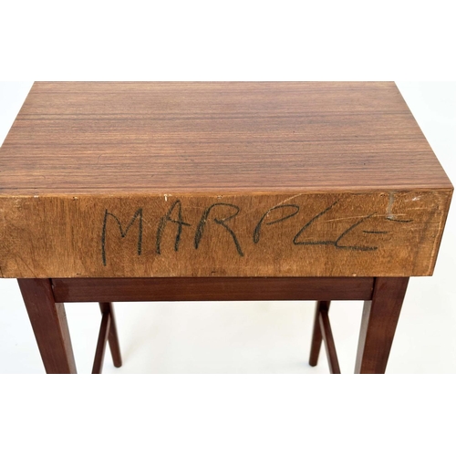 292 - MEREDEW LAMP TABLES, a pair, 1970s Afromosia and teak, each with frieze drawer and stretchered suppo... 