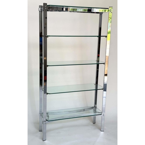 294 - SHELVES, contemporary chrome and glass with four tiers, 92cm W x 31cm D x 1 75cm H.