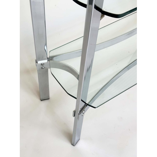 294 - SHELVES, contemporary chrome and glass with four tiers, 92cm W x 31cm D x 1 75cm H.