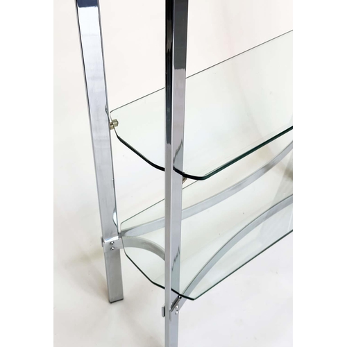 294 - SHELVES, contemporary chrome and glass with four tiers, 92cm W x 31cm D x 1 75cm H.