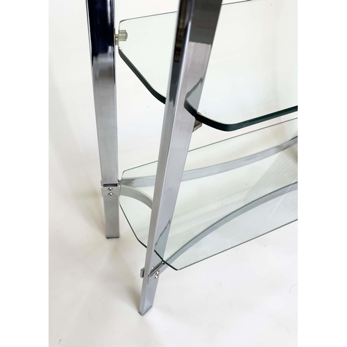 294 - SHELVES, contemporary chrome and glass with four tiers, 92cm W x 31cm D x 1 75cm H.