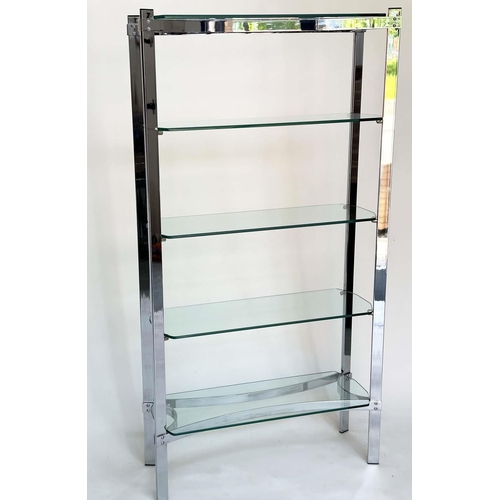 294 - SHELVES, contemporary chrome and glass with four tiers, 92cm W x 31cm D x 1 75cm H.