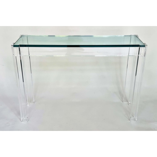 298 - LUCITE CONSOLE TABLE, rectangular plate glass in lucite supports, 109cm W x 34cm D x 75cm H.